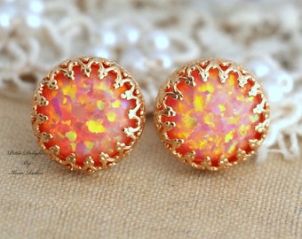 Opal Stud Earrings, Australian Fire Opal Earrings, Gift for her, Christmas Gift, Christmas Gift, Opal Gold Earrings, Orange Stud Earrings