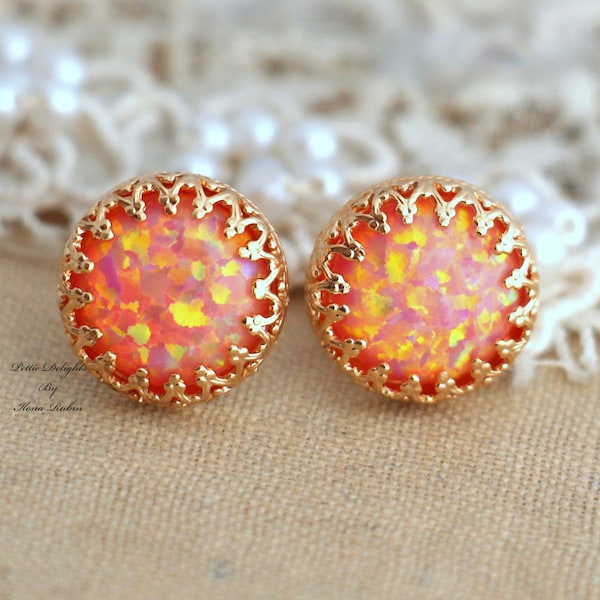 Opal Stud Earrings, Australian Fire Opal Earrings, Gift for her, Christmas Gift, Christmas Gift, Opal Gold Earrings, Orange Stud Earrings