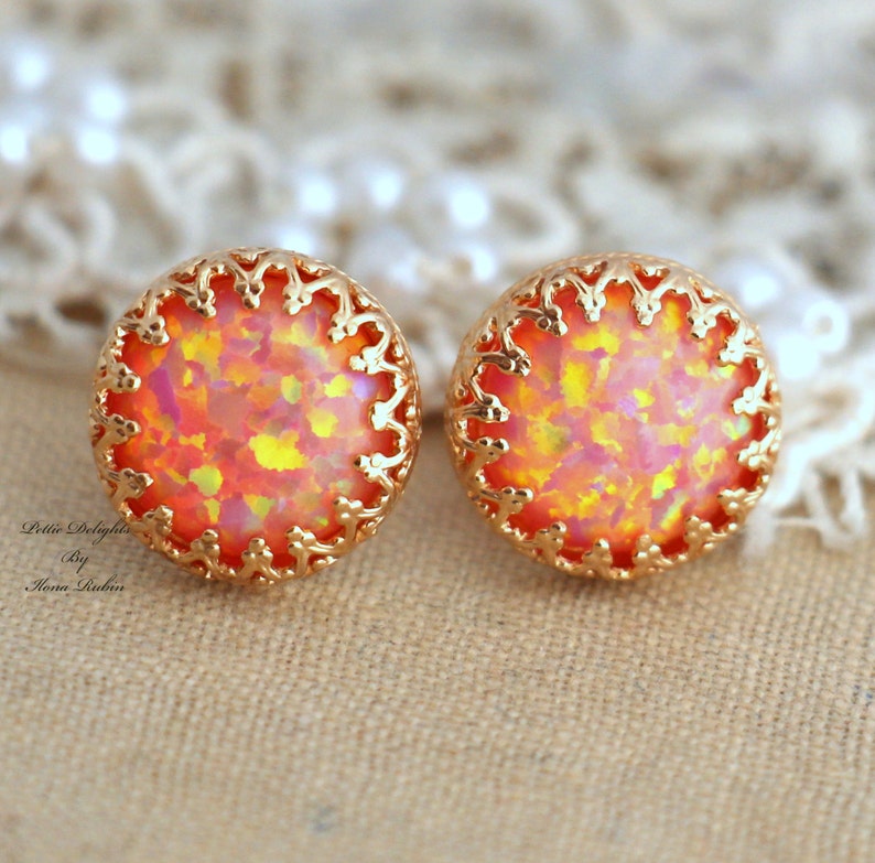 Opal Stud Earrings, Australian Fire Opal Earrings, Gift for her, Christmas Gift, Christmas Gift, Opal Gold Earrings, Orange Stud Earrings image 1