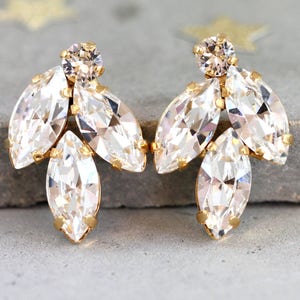 Bridal Crystal Clip On Earrings, Bridal Clear Crystal Stud Earrings, Bridal Cluster Earrings, Bridesmaids Earrings, Crystal Bridal Earrings Clip On Gold