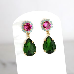Green Pink Earrings, Green Peridot Pink Drop Earrings, Pink Green Chandelier Earrings, Green Pink Crystal Earrings, Pink Green Jewelry image 9