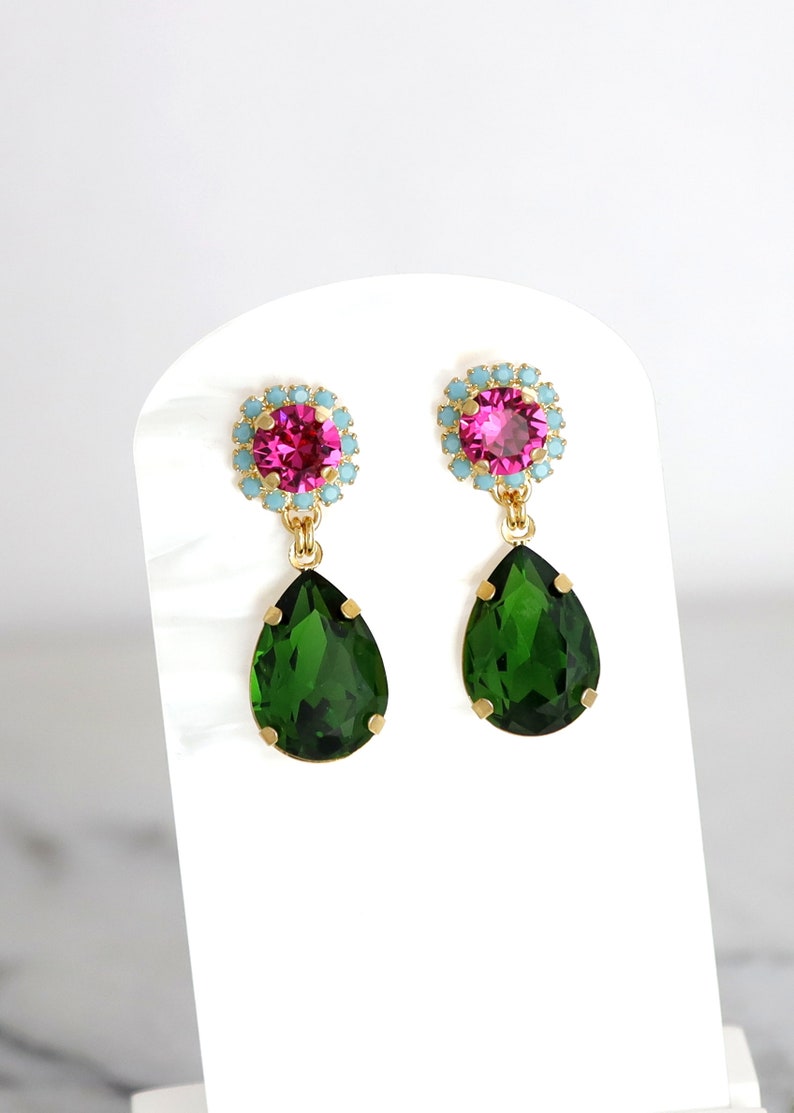 Green Pink Earrings, Green Peridot Pink Drop Earrings, Pink Green Chandelier Earrings, Green Pink Crystal Earrings, Pink Green Jewelry image 9