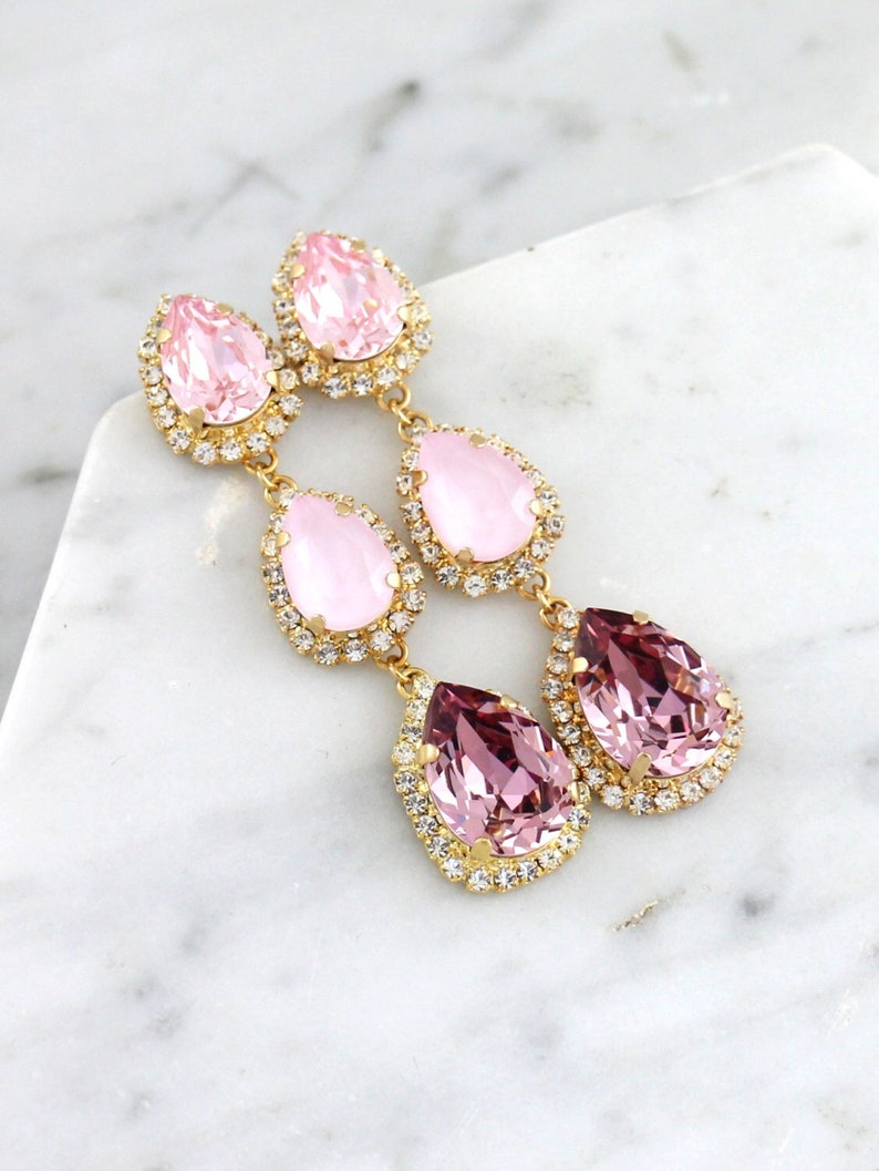 Pink Bridal Chandeliers, Blush Pink Chandelier Earrings, Pink Crystal Long Drop Earrings, Dusty Pink Earrings, Bridal Blush Earrings image 5