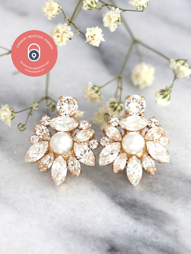 Bridal Pearl Crystal earrings, Bridal Cluster earrings, Bridal Pearl Crystal Earrings, White Crystal Pearl cluster Rhinestone Earrings image 4