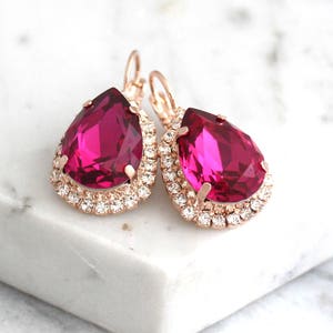 Pink Earrings, Fuchsia Earrings, Bridal Pink Earrings, Fuchsia Drop Crystal Earrings, Fuchsia Bridesmaids Earrings, Dark Pink Drop Earrings