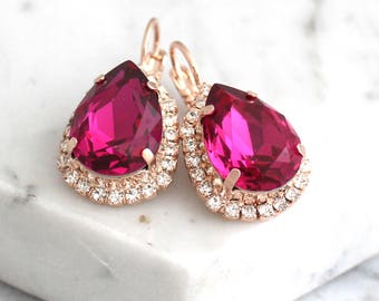 Pink Earrings, Fuchsia Earrings, Bridal Pink Earrings, Fuchsia Drop Crystal Earrings, Fuchsia Bridesmaids Earrings, Dark Pink Drop Earrings