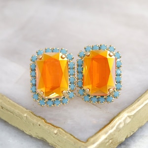Orange Stud Earrings, Orange Crystal Earrings, Burnt Orange Stud Earrings, Opal Orange Bridal Crystal Earrings, Gift for her