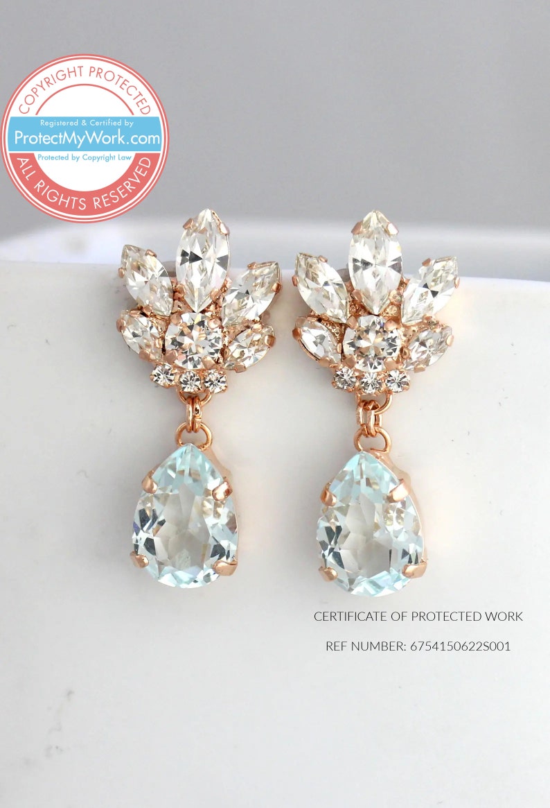 Bridal Chandeliers, Aquamarine Chandelier, Blue Sky Earrings, Bridal Earrings, Rose Gold Bridal Earrings, Bridal light Blue Drop Earrings. image 3