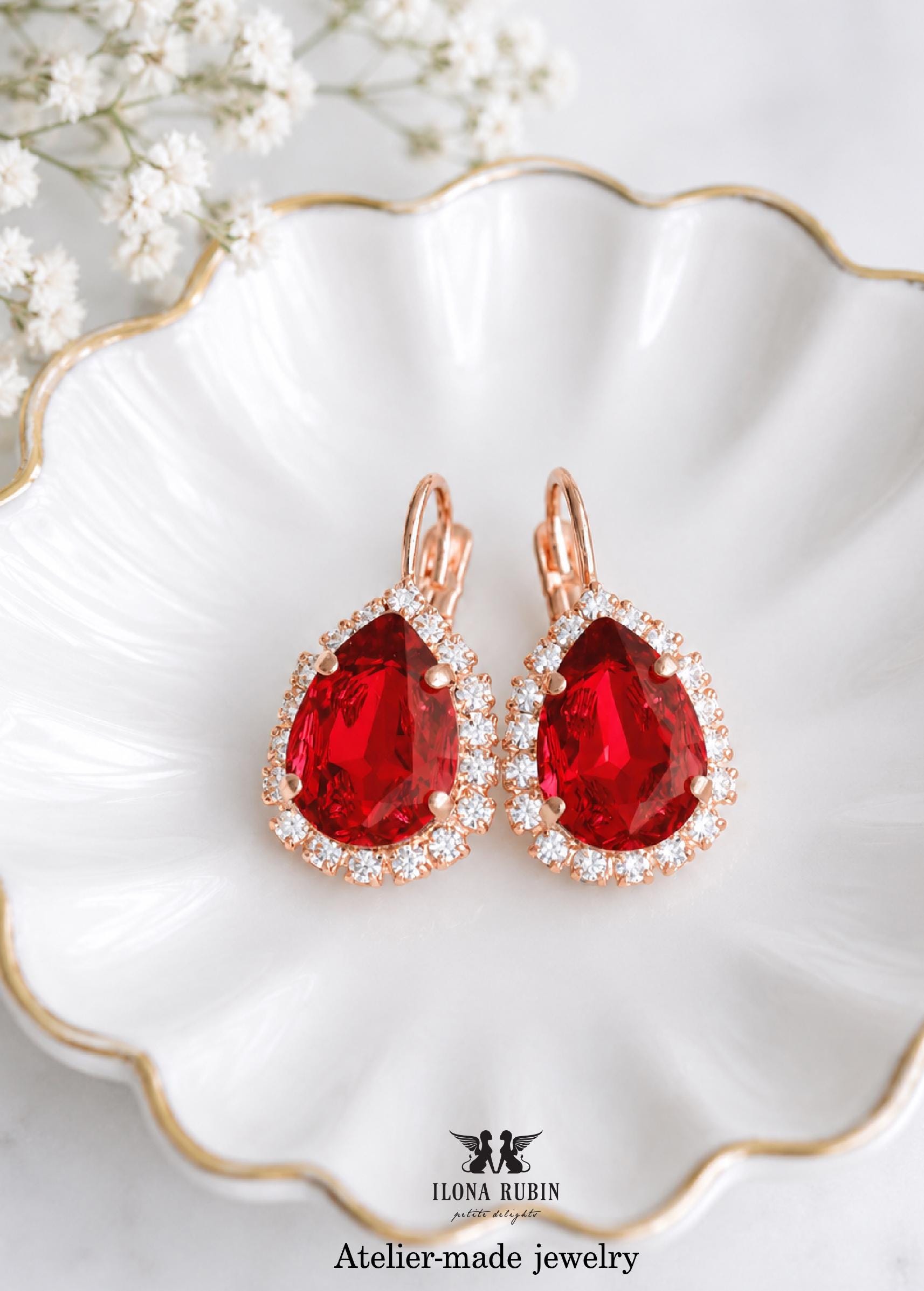 Red Crystal Knife Drop Earrings for Women Ruby Red Teardrop Jewel Earrings: Scarlet Festive Winter  main image 3