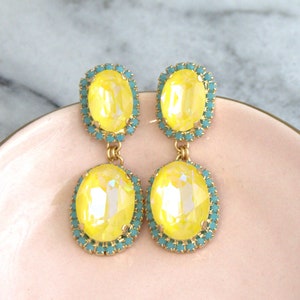 Yellow Crystal Earrings, Yellow Crystal Drop Earrings, Yellow Blue Crystal Statement Chandelier Earrings, Yellow Blue Bridal Long Earrings image 1