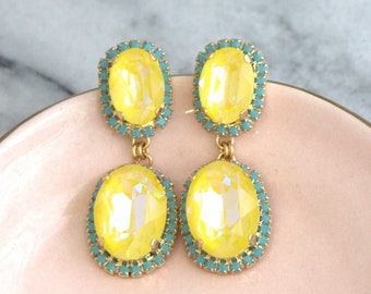 Yellow Crystal Earrings, Yellow Crystal Drop Earrings, Yellow Blue Crystal Statement Chandelier Earrings, Yellow Blue Bridal Long Earrings