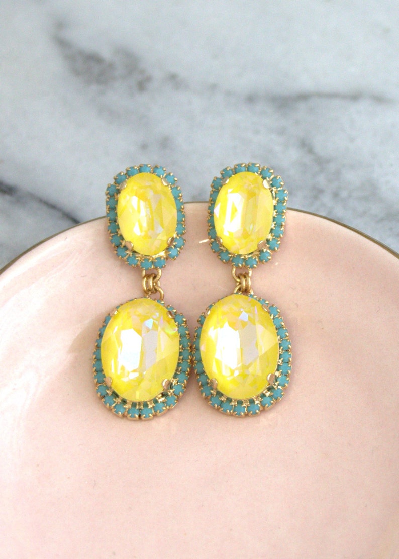 Yellow Crystal Earrings, Yellow Crystal Drop Earrings, Yellow Blue Crystal Statement Chandelier Earrings, Yellow Blue Bridal Long Earrings image 1