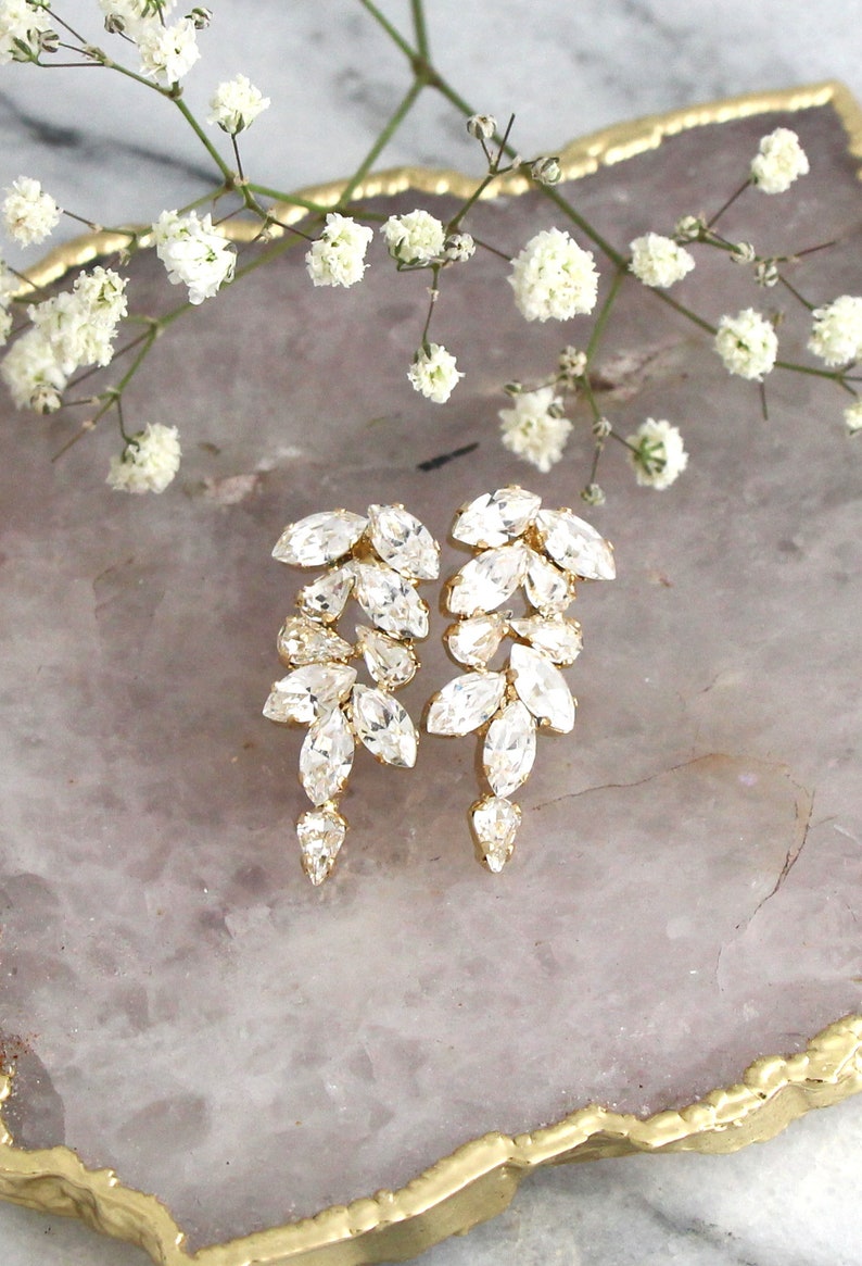 Bruidsoorbellen, kristalheldere oorbellen, bruidskristallen oorbellen, cluster gouden oorbellen, bruidscluster oorbellen, bruidsmeisjes oorbellen afbeelding 5