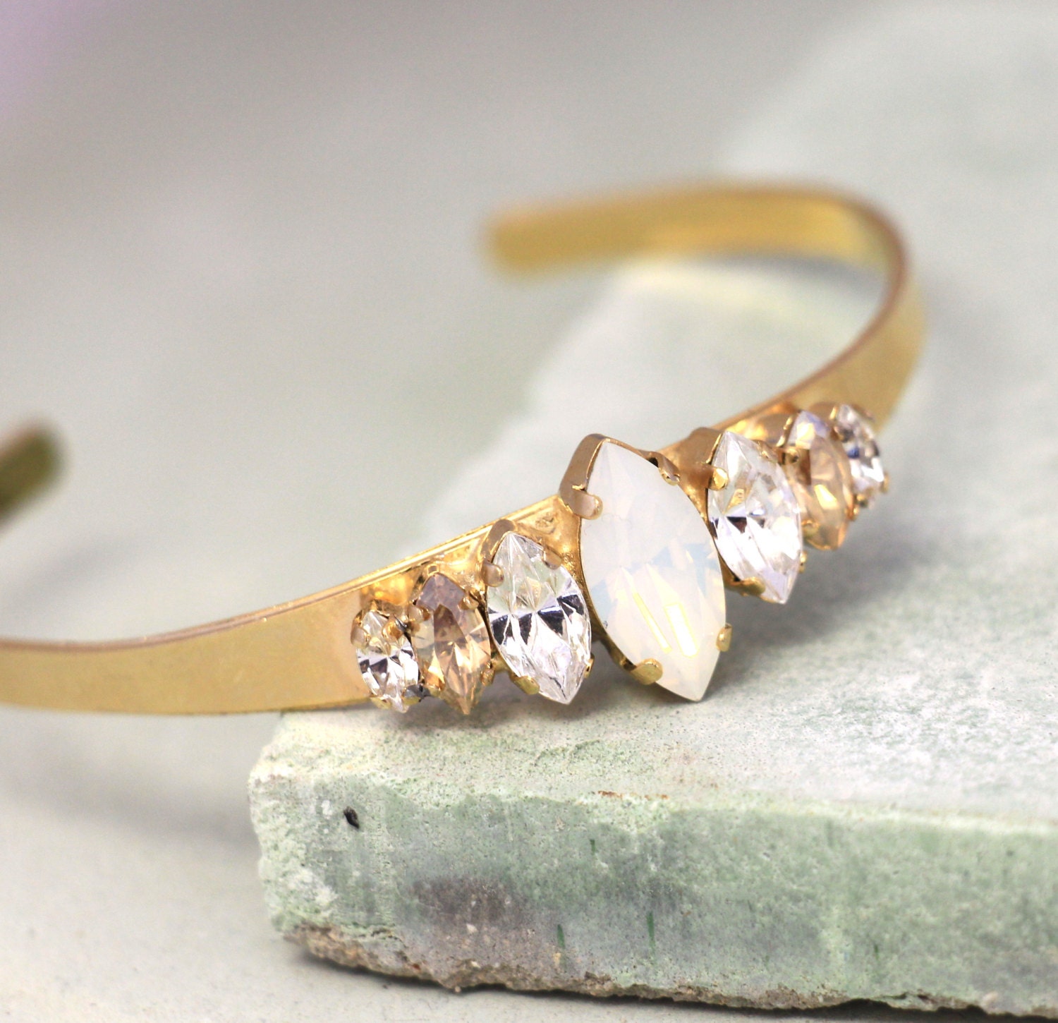 Gold Cuff Bracelet White Opal Swarovski 