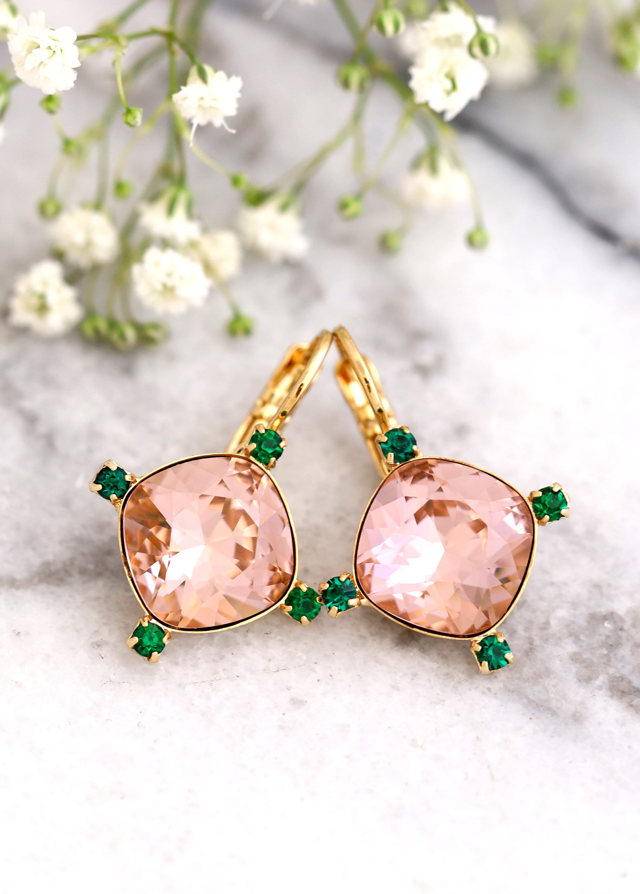 Blush Drop Earrings Pink Green Earrings Bridal Etsy