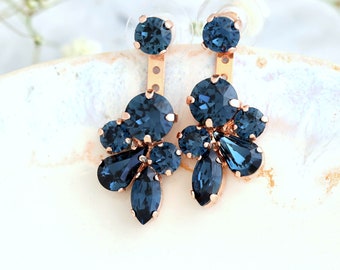 Blue Navy Ear Jacket Earrings, Ear Jacket Crystal Earrings, Bridal Blue Ear Jacket Earrings, Navy Blue Crystal Front Back Earrings