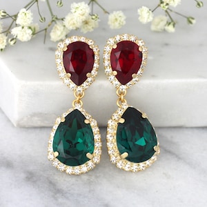 Boucles d'oreilles rouge émeraude, lustres émeraude, lustres rubis émeraude, boucles d'oreilles pendantes, lustres émeraude, boucles d'oreilles vert rouge