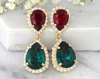 Emerald Red Earrings, Emerald Chandeliers, Emerald Ruby Chandeliers, Drop Earrings, Emerald Chandeliers, Green Red Earrings