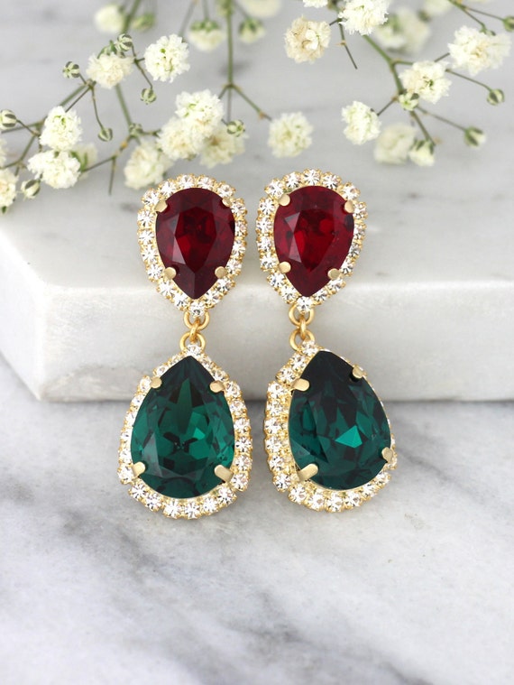 Emerald Red Earrings, Emerald Chandeliers, Emerald Ruby Chandeliers, Drop Earrings, Emerald Chandeliers, Green Red Earrings