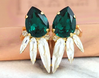 Emerald Earrings, Emerald Green Stud Earrings, Emerald Statement Bridal Earrings, Emerald Wedding Jewelry, Bridesmaids Earrings