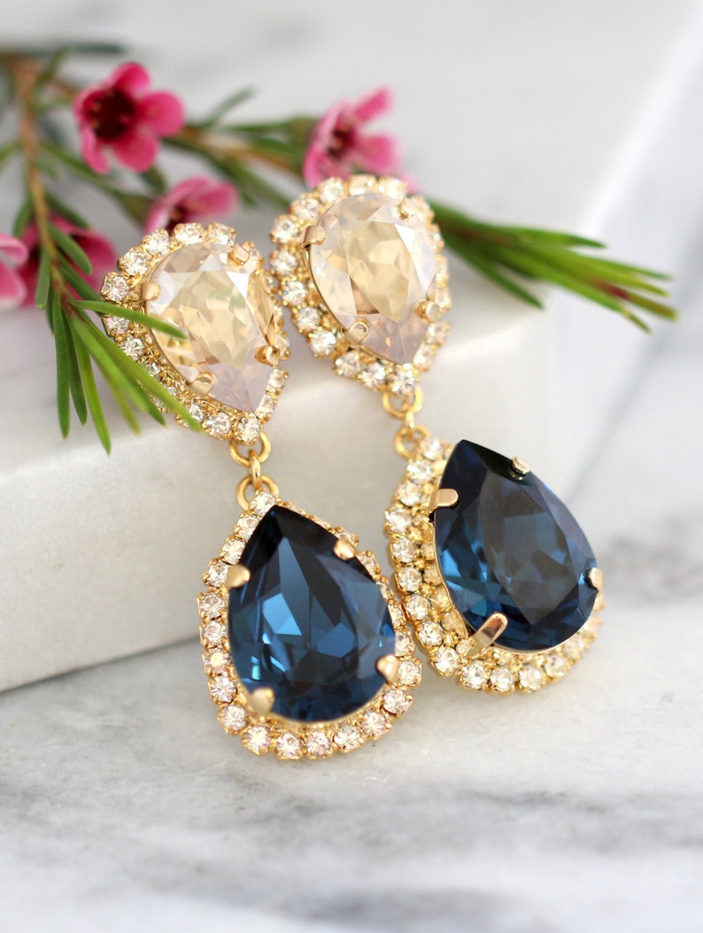 Blue Navy Bridal Earrings, Blue Navy Champagne Earring, Drop earring, Sapphire Blue Chandelier Earring, Mob Blue Navy Chandelier Earrings image 3