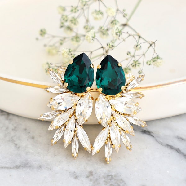 Emerald Green Earrings, Bridal Emerald Earrings, Green Big Bridal Earrings, Green Statement Earrings, Oversize Emerald Crystal Gold Earrings