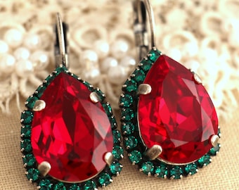 Red Green Drop Earrings, Red Crystal Earrings, Christmas Jewelry, Ruby Red Dangle Earrings, Christmas Gift for her, Emerald Ruby Jewelry