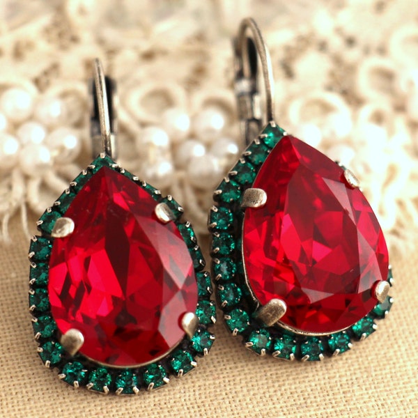 Red Green Drop Earrings, Red Crystal Earrings, Christmas Jewelry, Ruby Red Dangle Earrings, Christmas Gift for her, Emerald Ruby Jewelry