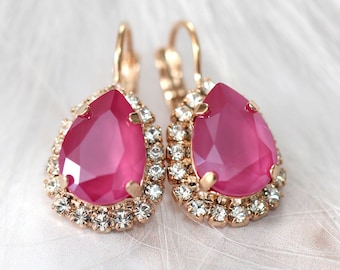 Pink Earrings, Peony Pink Bridal Earrings, Fuchsia Bridal Earrings ,Bridesmaids Earrings, Drop Earrings, Gift For Her, Pink Gold Droplets
