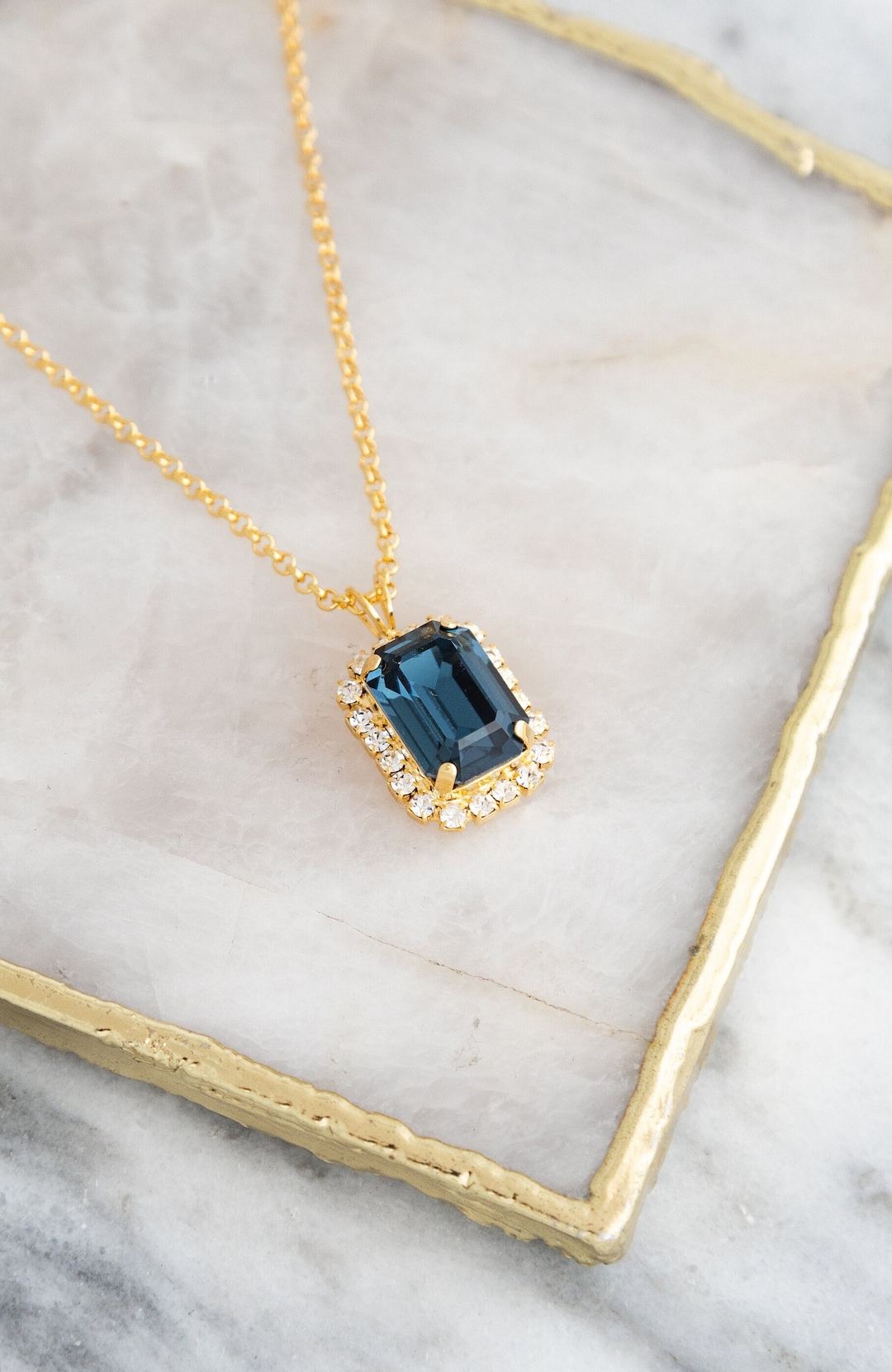 Blue Navy Crystal Necklace, Sapphire Blue Bridal Crystal Necklace