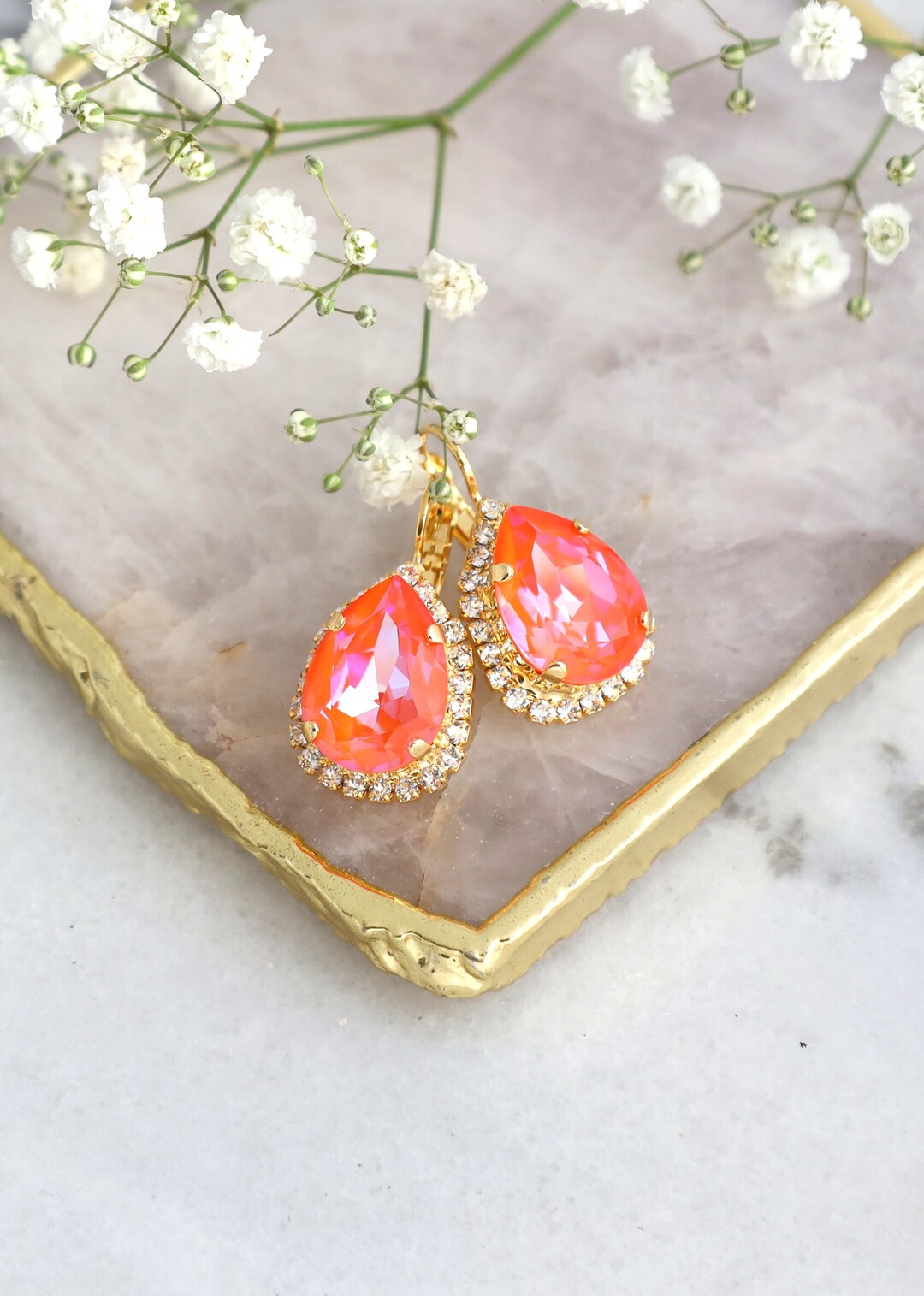 Orange Drop Earrings, Christmas Gift for Her, Orange Crystal Gold ...