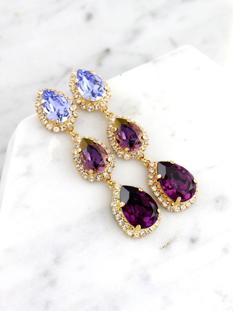 Purple Chandelier, Bridal purple LONG Earrings, Purple Drop Bridal Earrings, Bridal Purple Crystal Earrings, Lilac Purple Statement Earrings image 1