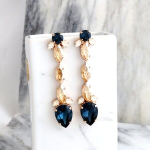 Navy Blue LONG EARRINGS, Bridal Blue Navy Earrings, Blue Sapphire Crystal Earrings, Navy Blue Chandelier Earrings, Blue Sapphire Earrings