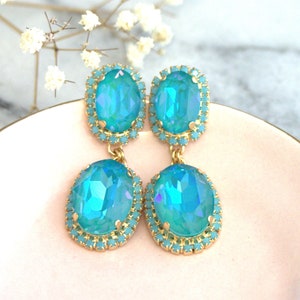 Blue Turquoise Earrings, Turquoise Bridal Earrings,Turquoise Gold Earrings, Blue Teal Chandelier Earrings, Statement Earrings, Blue Earrings image 3