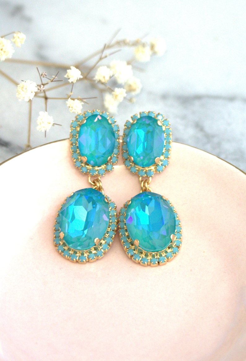 Blue Turquoise Earrings, Turquoise Bridal Earrings,Turquoise Gold Earrings, Blue Teal Chandelier Earrings, Statement Earrings, Blue Earrings image 3