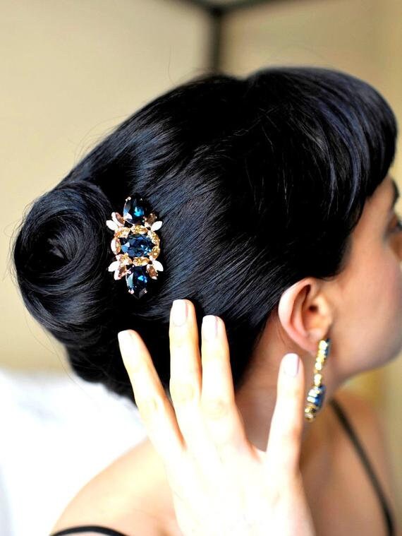 navy and gold hair accessories