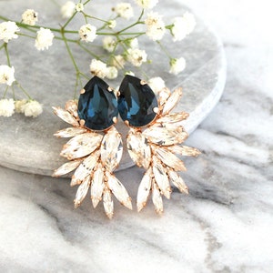 Blue Navy Earrings, Bridal Navy Blue Earrings, Blue Navy Bridal Earrings, Blue Navy Statement Earrings, Blue Navy Big Crystal Gold Earrings image 5