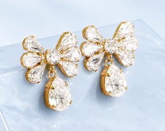 Bow Crystal Earrings, Bridal Bow Crystal Drop Earrings, Bridal Chandelier Dangle Earrings, Bridesmaids Earrings, Bridal Classic Earrings