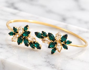 Emerald Gold Bracelet, Emerald Champagne Crystal Bracelet, Bridal Emerald Green Crystal Bracelet, Emerald Cuff Crystal Gold Bracelet.