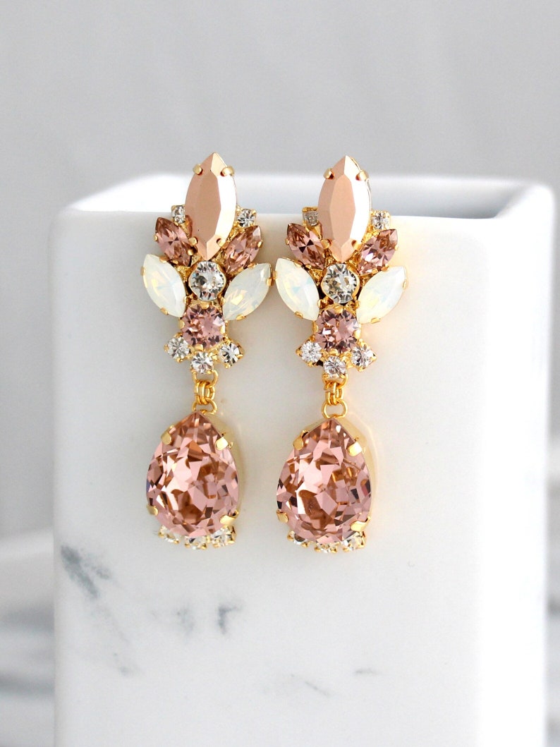 Blush Chandelier Earrings, Bridal Rose Gold Earrings, Bridal Blush Dangle Drop Earrings, Morganite Chandelier Earrings, Statement Earrings 画像 7