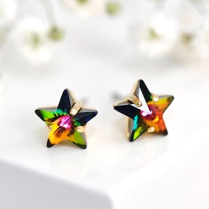 Star Stud Earrings 10mm Vitrail Crystal,  Multi Color Embellished with Swarovski Star Crystals Earrings, Rainbow Crystal Studs, Gift for Her