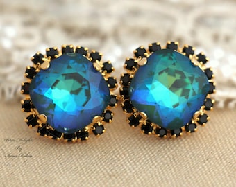 Blue Stud Crystal earrings,Emerald Green Blue Green Earrings, Christmas Gift, Green Earrings, Green Blue Crystal Stud Earrings, Gift For Her