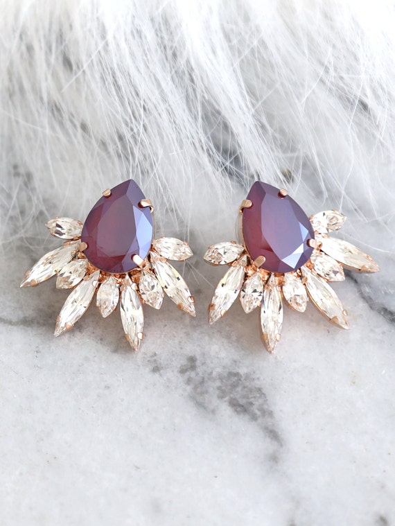 Burgundy Stud Earrings Bridal Red Earrings Dark Red Crystal Etsy