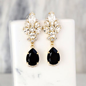 Black Gold Crystal Earrings, Bridal Black Gold Chandelier Earrings, Black Crystal Chandelier Earrings,Black Earrings, Old Hollywood Earrings