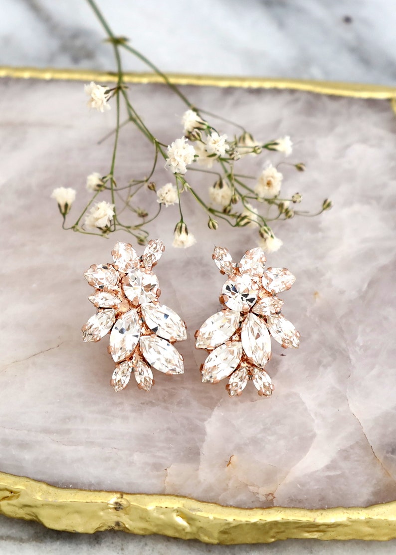 Bridal Earrings, Clear Crystal Bridal Cluster Earrings, Bridal Cluster Crystal Earrings, Crystal Stud Earrings, Bridal Rose Gold Earrings Rose Gold