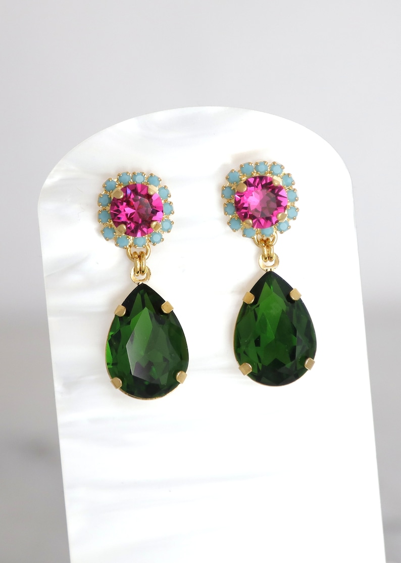 Green Pink Earrings, Green Peridot Pink Drop Earrings, Pink Green Chandelier Earrings, Green Pink Crystal Earrings, Pink Green Jewelry image 4