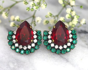 Emerald Red Earrings, Christmas Gift for her, Emerald Ruby Earrings, Green Red Earrings, Bridal Earrings, Ruby Red Emerald Stud Earrings