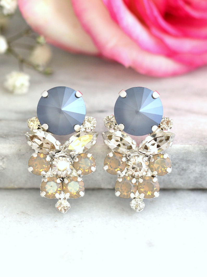 Gray Stud Earrings, Bridal Gray Opal Earrings, Gray Dove Silver Bridal Earrings, Silver Gray Earrings, Silver Cluster Gray Crystal Earrings image 2