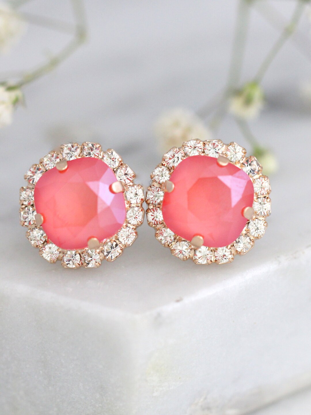 Buy Coral Earrings, Bridal Coral Crystal Stud Earrings, Peach Studs,  Crystal Coral Stud Earrings, Bridesmaids Coral Earrings, Gift for Her  Online in