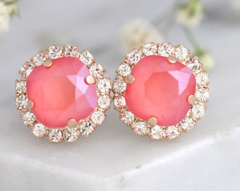 Coral Earrings, Bridal Coral Crystal Stud Earrings, Peach Studs, Crystal Coral  Stud Earrings, Bridesmaids Coral Earrings, Gift For her
